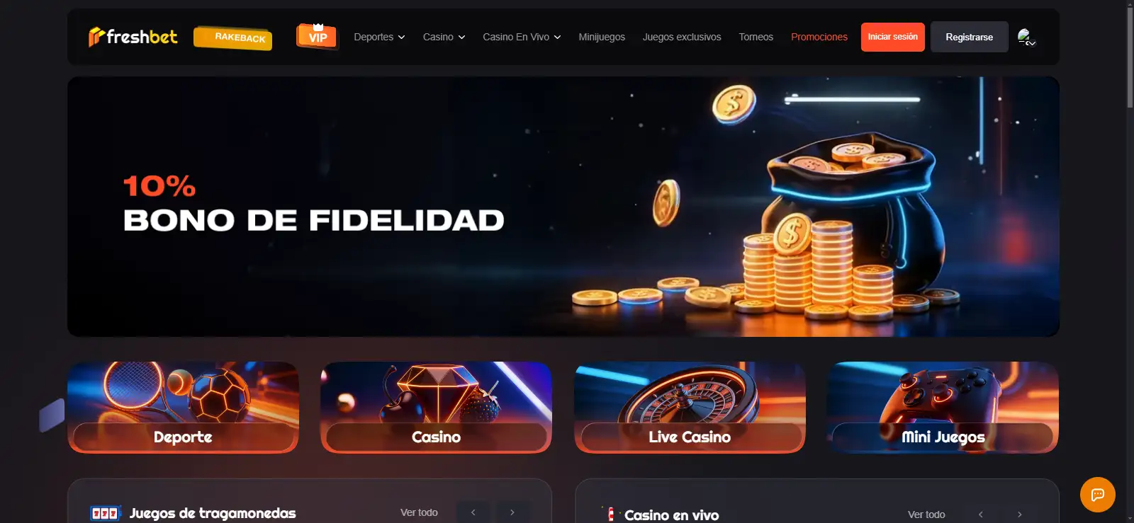Freshbet casino homepage displayed in a desktop browser
