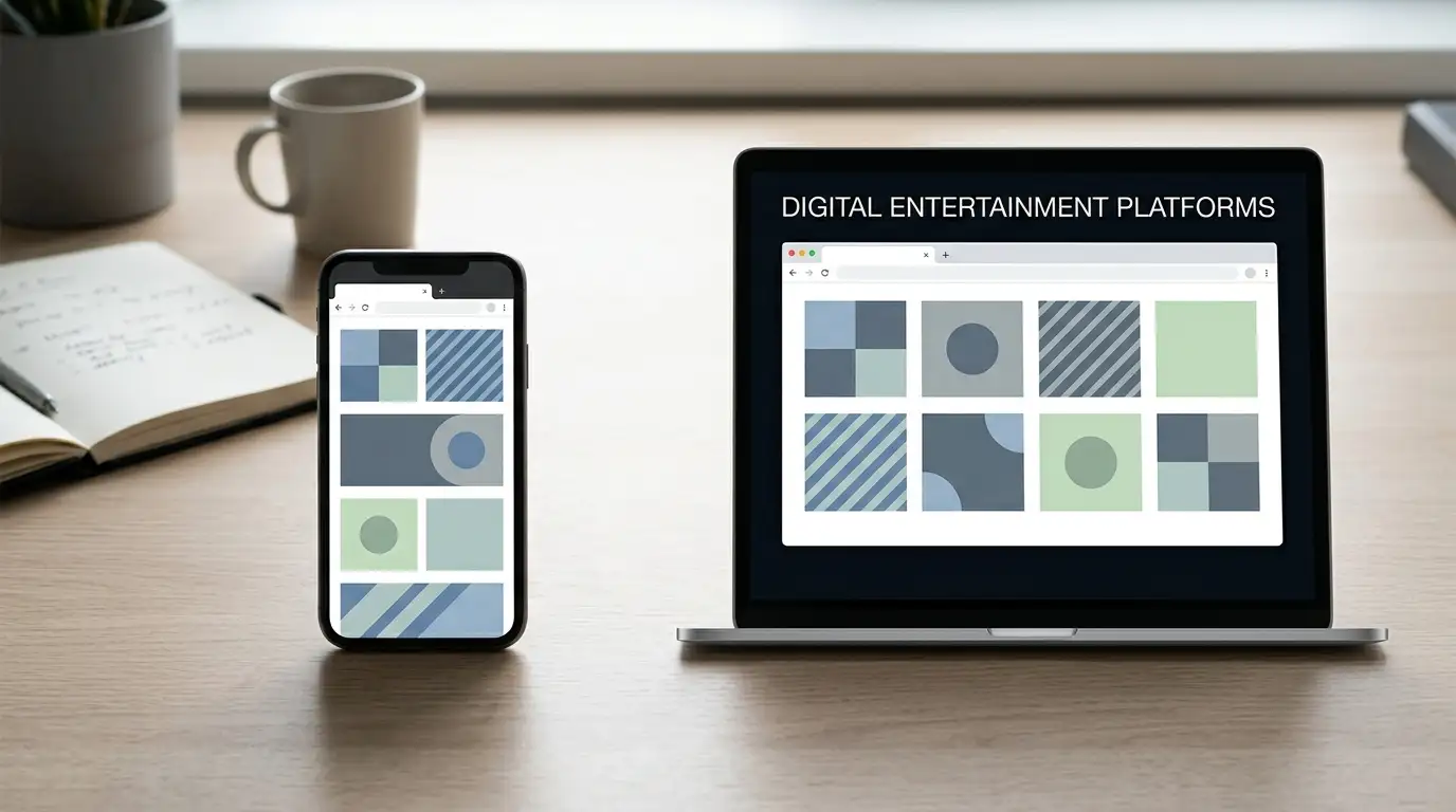 A smartphone and laptop showing generic casino category tiles in a browser layout