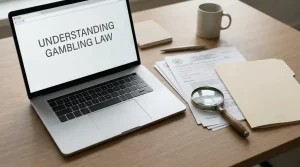 A desk with a laptop, printed register pages and a magnifying glass