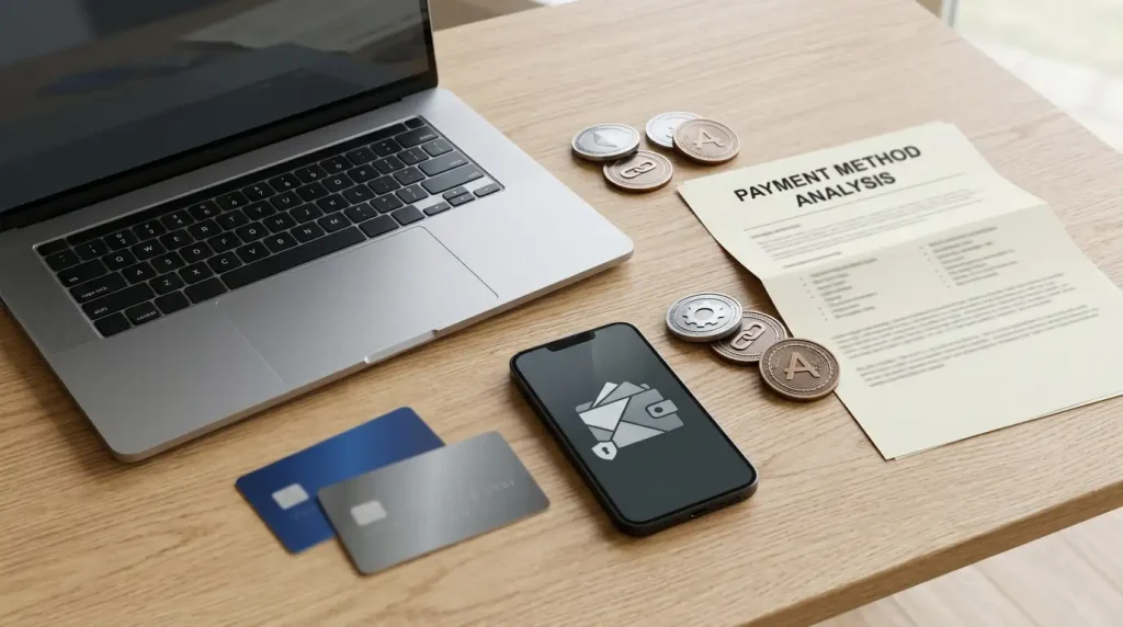 A laptop beside generic payment cards, a mobile wallet and abstract cryptocurrency tokens