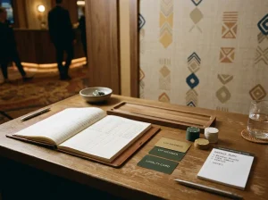 A neutral casino loyalty desk with membership cards, a ledger and cashout planning notes
