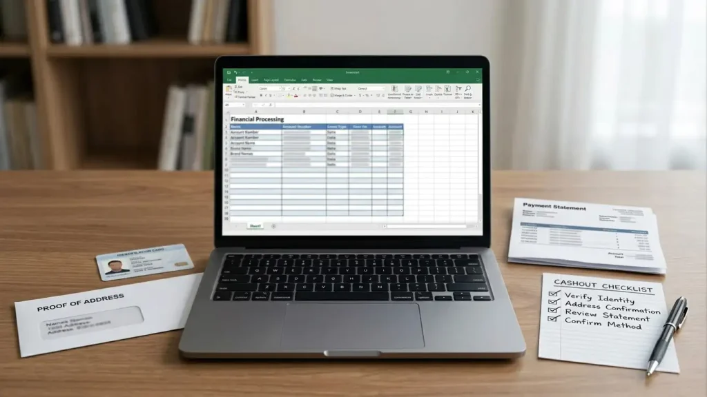 A laptop beside payment documents, an identification card and a simple cashout checklist