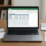 A laptop beside payment documents, an identification card and a simple cashout checklist